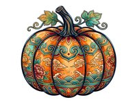 Ornate decorative pumpkin with intricate mandala patterns in orange, gold, and teal colors, isolated on white background for autumn designs.