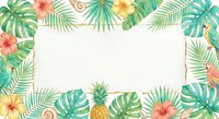 Tropical frame with palm leaves, hibiscus flowers, pineapple and seashells on white background. Summer vacation border for invitations and greeting cards.