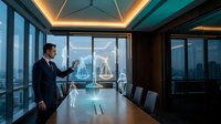 Professional businessman in suit using smartphone in modern conference room with panoramic city skyline view during golden hour for corporate meetings.