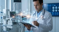 Male Caucasian doctor using digital tablet with holographic medical interface in modern hospital room with advanced technology equipment.