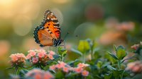 Orange monarch butterfly landing on pink zinnia flowers in garden setting with soft bokeh background and morning sunlight creating dreamy natural atmosphere.