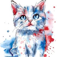 Watercolor cat with bright blue eyes in red and blue tones, artistic splashes and splatters on white background, feline portrait with expressive face.