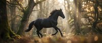 Black horse galloping through enchanted autumn forest with golden sunlight filtering through trees and fallen leaves scattered on ground.