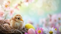 Adorable baby chick in nest with colorful Easter eggs surrounded by spring flowers and soft bokeh background, perfect for holiday greeting cards.