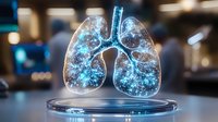 Glowing blue holographic lungs floating above metallic platform with intricate network of illuminated vessels and bronchi showing detailed respiratory system anatomy.