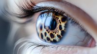 Extreme macro shot of human eye with artistic leopard print iris pattern, long eyelashes and detailed view of eye surface showing intricate textures and reflections.