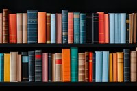 Vintage hardcover books arranged on dark wooden shelves, featuring spines in coral, teal, navy blue, and yellow colors creating harmonious library composition.