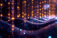 Magical glowing string lights and bokeh effects create dreamy atmosphere with flowing wave pattern in dark blue and orange tones, abstract festive background.