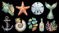 Watercolor ocean clipart set with seashell, starfish, sand dollar, mermaid tail, anchor, nautilus, sea glass, bottle, and coral, isolated for sublimation and print on demand.