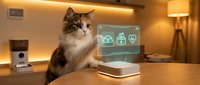 Fluffy tabby cat sitting at modern desk with holographic smart home interface displaying connected device icons in warm ambient lighting.