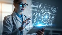 Female doctor using digital tablet with futuristic holographic medical interface displaying data analytics and diagnostic tools in modern healthcare.