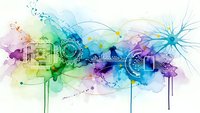 Abstract digital technology concept with colorful watercolor splashes, circuit patterns and futuristic elements on white background.