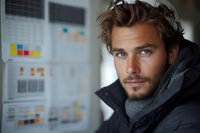 Young Caucasian male model with stubble beard and styled brown hair wearing dark winter jacket poses against office background with charts and graphs.