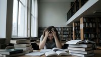 Young Asian woman student feeling overwhelmed and stressed while studying in library surrounded by textbooks and academic materials for exam preparation.