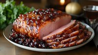 Glazed ham with cranberry sauce, sliced and served on white plate. Succulent holiday meat with sweet and tangy berry garnish in warm ambient lighting setting.
