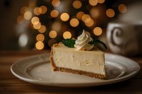 Creamy cheesecake slice on white plate with whipped cream and mint garnish against warm bokeh lights background, rich dessert photography for restaurant menu.
