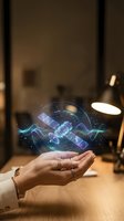 Holographic satellite projection floating above open palm in modern office workspace showcasing futuristic space technology and digital innovation concepts.