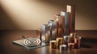 Stacked coins and ascending bar chart on wooden surface with target, symbolizing financial growth, investment success, and business strategy.