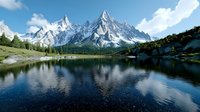 Majestic snow-capped mountain peaks reflected in crystal clear alpine lake waters, surrounded by green forest landscape under bright summer sky with white clouds.