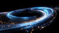 Glowing blue spiral light trail against dark background creates dynamic motion effect with scattered luminous particles and energy flow visualization.