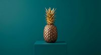 Golden pineapple sculpture on turquoise pedestal against teal background for luxury home decor and tropical design concepts.