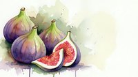 Fresh purple figs watercolor painting with sliced fruit showing pink flesh, botanical illustration for kitchen decor and culinary designs.