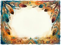 Ornate feather frame with teal and gold accents, featuring decorative geometric patterns and warm autumn tones, isolated on white background for design projects.