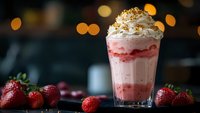 Strawberry milkshake with whipped cream and golden sprinkles in glass, fresh berries on dark surface with warm bokeh lights creating cozy cafe atmosphere.