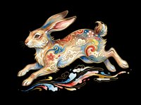 Leaping rabbit with ornate floral and swirl patterns in vibrant colors, isolated on transparent background, ready for t-shirt design, stickers, and print on demand.