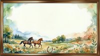 Silhouette of horse and rider galloping through rural countryside landscape with wildflowers, trees, and mountains in watercolor style frame for wall art.