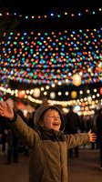 Joyful young Caucasian boy with arms wide open laughing under colorful bokeh lights at a festive night outdoor event.