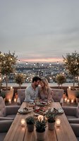 Romantic rooftop dinner for two, young Caucasian couple embracing at candlelit table with city skyline at dusk, string lights glowing.