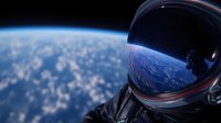Astronaut in space suit helmet with Earth reflection showing cloud formations and curved horizon against dark cosmos background. Space exploration concept.