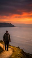 Middle-aged male hiker in brown jacket standing on coastal cliff at dramatic sunset, gazing at ocean and distant headland. Perfect for travel, adventure, and lifestyle concepts.