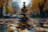 Creative Christmas tree made from stacked cookies with golden star on top, photographed outdoors in rain with autumn leaves and bokeh background.