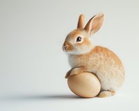 Adorable brown bunny sitting on large egg against neutral background, symbolizing spring, Easter, and new beginnings.