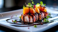 Gourmet grilled meat dish with caramelized vegetables and fresh herbs on white plate. Fine dining restaurant presentation with balsamic glaze drizzle.