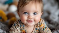 Smiling Caucasian baby with bright blue eyes wearing floral pattern outfit lies on soft blanket. Close up portrait shows joyful expression and natural lighting.