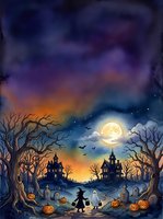 Spooky Halloween night scene with haunted houses, witch silhouette, glowing pumpkins, bare trees, full moon and flying bats in watercolor style.