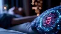 Futuristic cybersecurity concept showing digital lock hologram with glowing blue interface and binary code on dark background with bokeh lights.