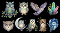 Colorful owl clipart set with decorative and watercolor styles, isolated on transparent background. Great for stickers, t-shirt design, print on demand, and sublimation.