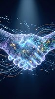 Digital handshake with glowing circuit patterns and data streams representing business partnership, technology collaboration and artificial intelligence.
