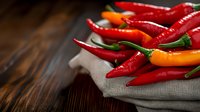 Fresh red and orange chili peppers scattered on gray linen napkin against dark wooden background, creating vibrant food composition with natural lighting.