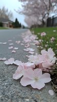 Delicate pink cherry blossoms fallen on concrete path create romantic spring scene with soft bokeh background and scattered petals leading into distance.