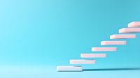 White ascending steps floating against turquoise background creating minimalist composition with strong diagonal line and soft shadows for business concept.