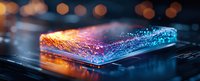 Glowing smartphone with orange and blue light effects on dark background creating futuristic technology concept with bokeh and reflective surface.