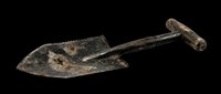 Vintage garden shovel with weathered metal blade and wooden handle isolated on transparent background, ready for design use on t-shirts, stickers, and print-on-demand products.