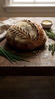 Freshly baked artisan sourdough bread loaf with decorative wheat pattern on rustic wooden cutting board with herbs and butter for bakery marketing.