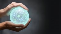 Hands protecting glowing brain hologram symbolizing mental health care, neurology research, artificial intelligence and cognitive protection concept.
