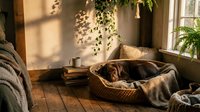 Chocolate brown dog resting in woven basket near window with hanging plants and natural sunlight streaming through glass, cozy home interior setting.